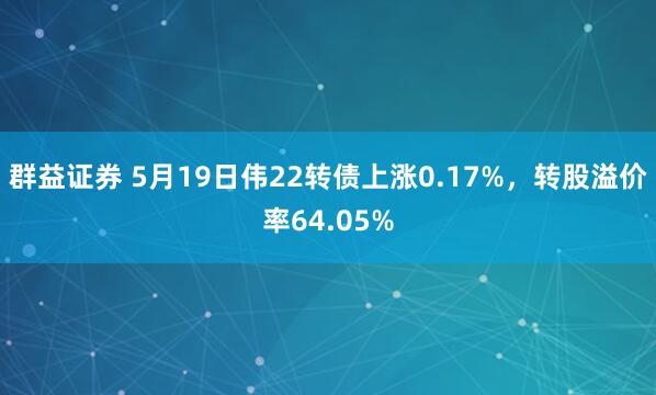 群益证券 5月19日伟22转债上涨0.17%,转股溢价率64.05%